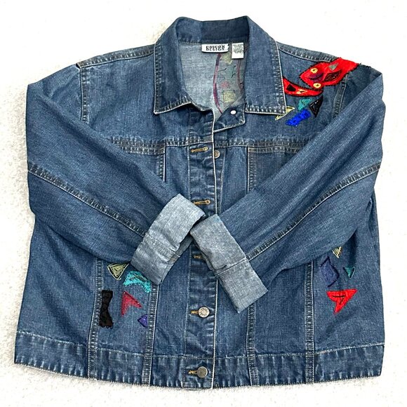 Chico DESIGN Denim Jacket Embroidered Beaded Silk APPLIQUE Gecko Accents - Picture 2 of 13